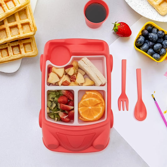 Kids Car Shaped Plates Cup Lunch Box Dinnerware Set (4 Pcs Set 1000 Ml Lunch Box)