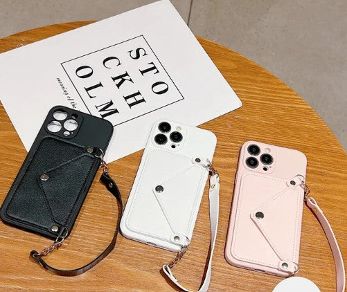 Card Wallet (Black)iPhone 15 Pro Max | Lanyard Strap PU Leather Camera Protection Phone Case - iPhone 15 Pro Max