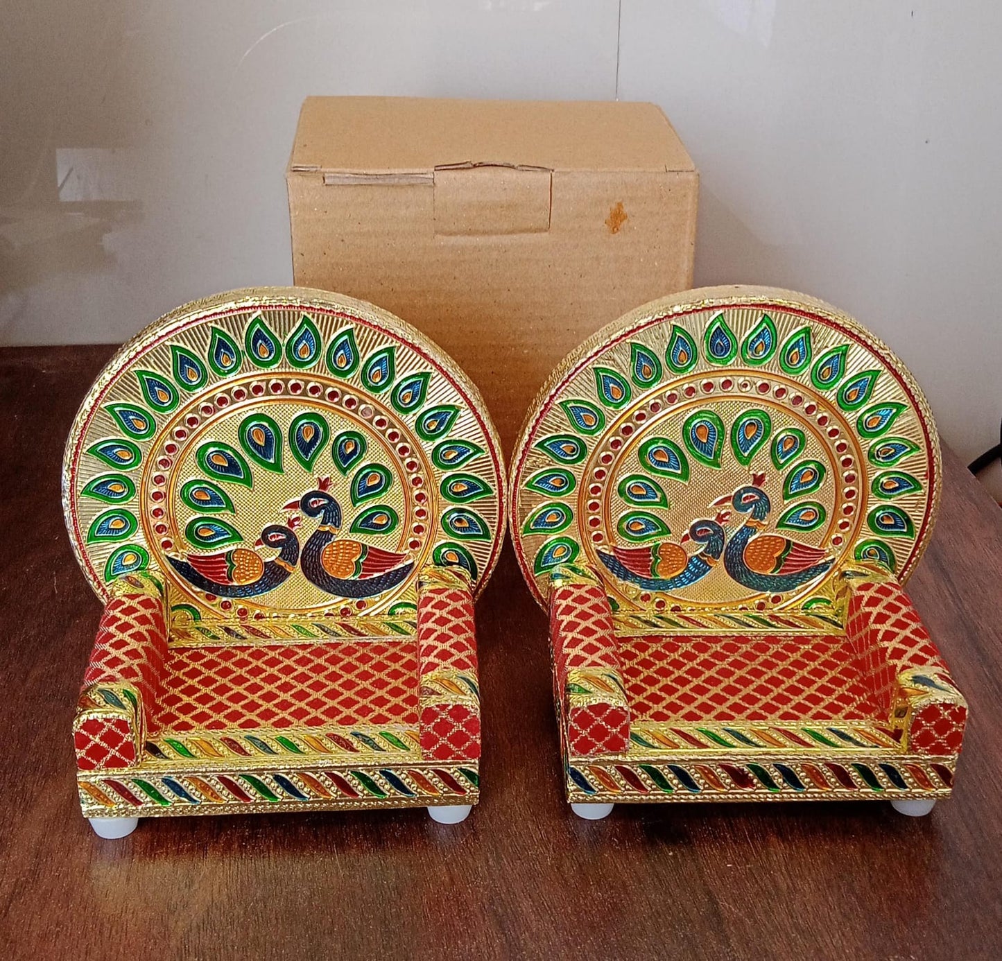 Meenakari Work Laddu Gopal Singhasan / Sihasan for Pooja Mandir Wooden Krishna Ladoo Bal Gopal Sofa Asan, Home Decorative Premium Look Decorative Singhasan Suitable For Home, Office, Restaurant (2 Pc Set)