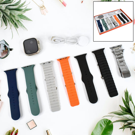 7 In 1 Ultra Smart Watch Combo With Seven Classic Straps Transparent Screen Guard (1 Set Mix Color)