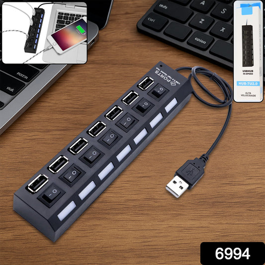 USB Splitter Multi Port USB 2.0 Hub, 7 Port with Independent On/Off Switch and LED Indicators USB A Port Data Hub, Suitable for PC Computer Keyboard Laptop Mobile HDD, Flash Drive Etc