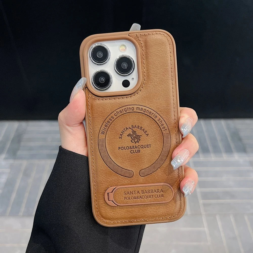 Wireless Charging PU Leather Rugged Kickstand Phone Case - iPhone 14 plus
