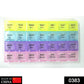 Compact pill storage container with labeled sections for daily medication.