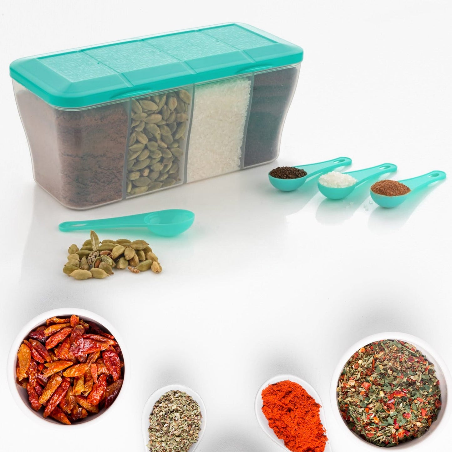 Kitchen Airtight 4-Section Storage Container / Pickle Jar with 4 Spoons (1 Pc / Mix Color)