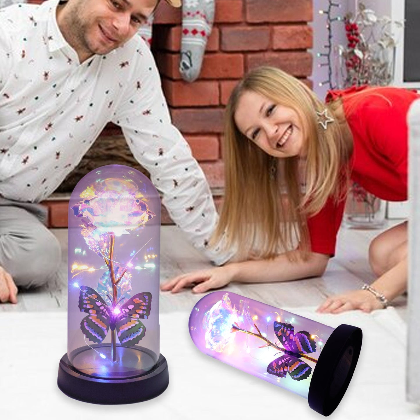 LED Light-Up Eternal Rose with Butterfly in Transparent Dome (1 Pc / Battery not Included)