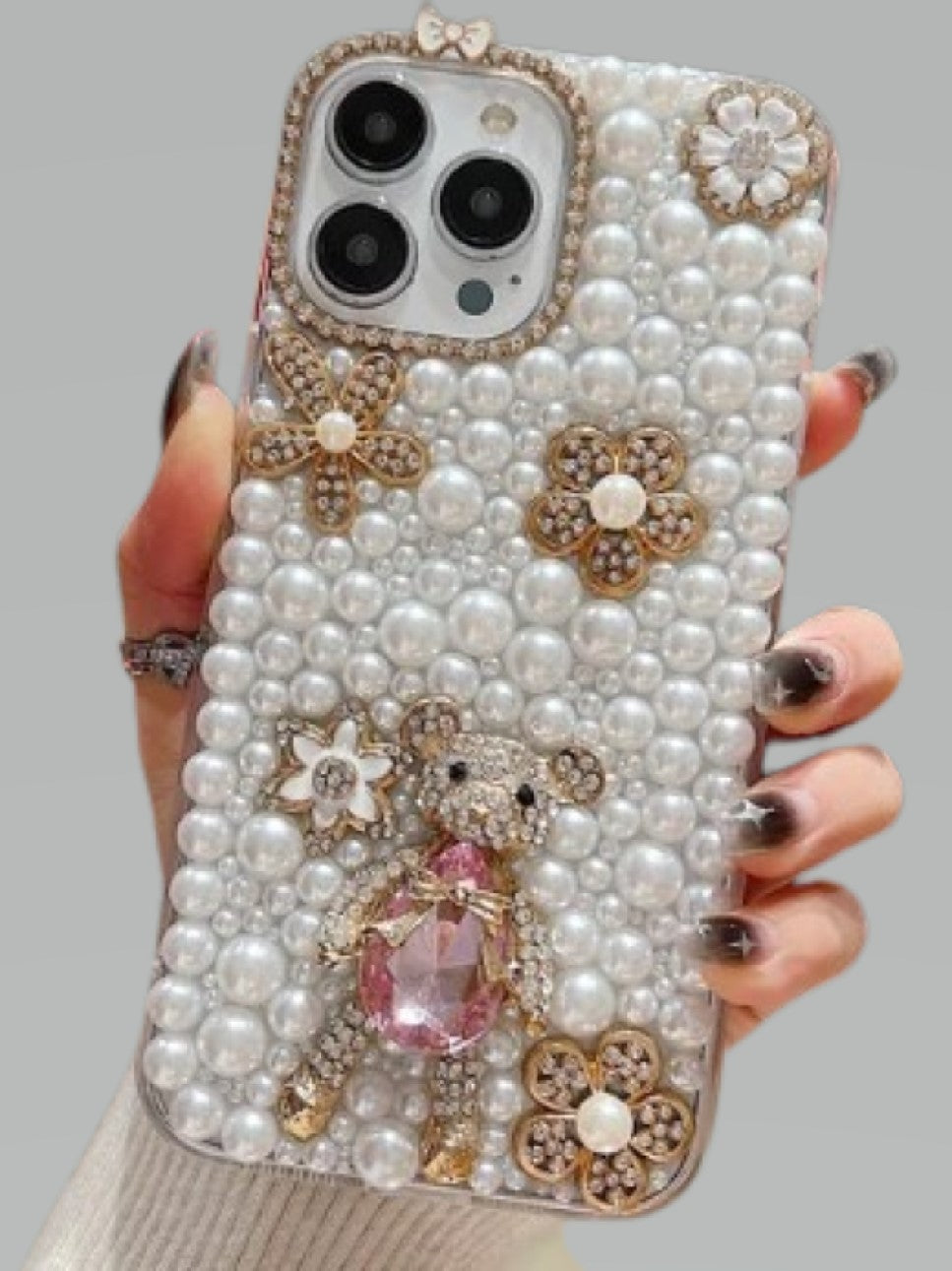 Handmade Decorative Pearl and Diamond Bear Phone Case for iphone 16 plus