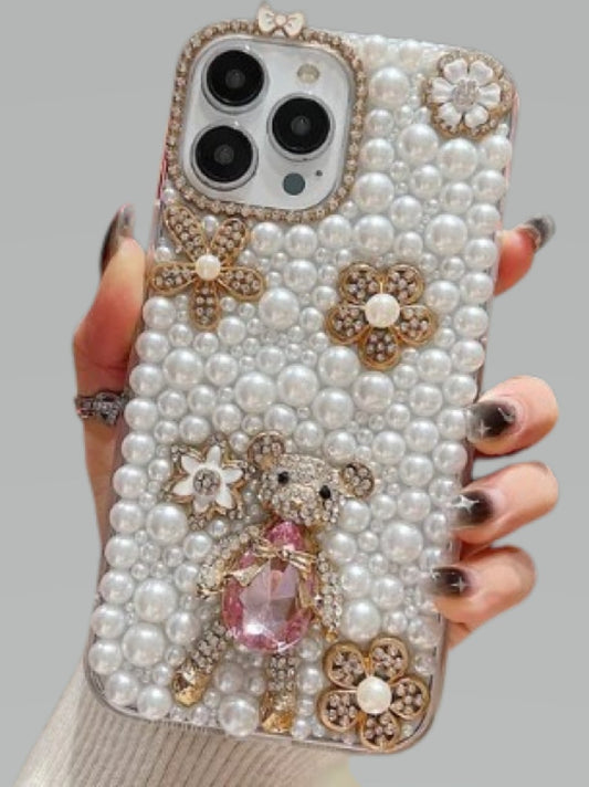 Handmade Decorative Pearl and Diamond Bear Phone Case for iphone 14 pro