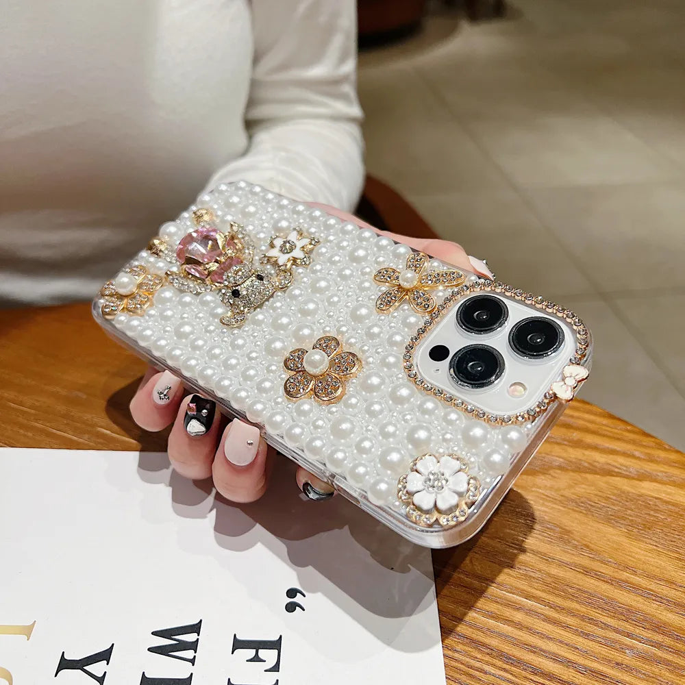 Handmade Decorative Pearl and Diamond Bear Phone Case - iPhone 16  Pro max