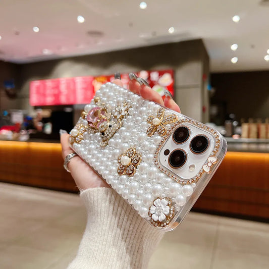 Handmade Decorative Pearl and Diamond Bear Phone Case - iPhone 16  Plus