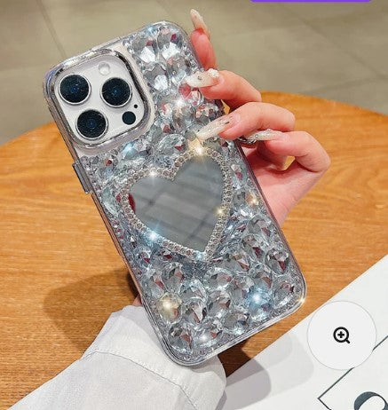 Heart shaped Makeup Mirror Dimond TPU (Soft) Phone Case | Mobile Cover -  iPhone 14  ( White )