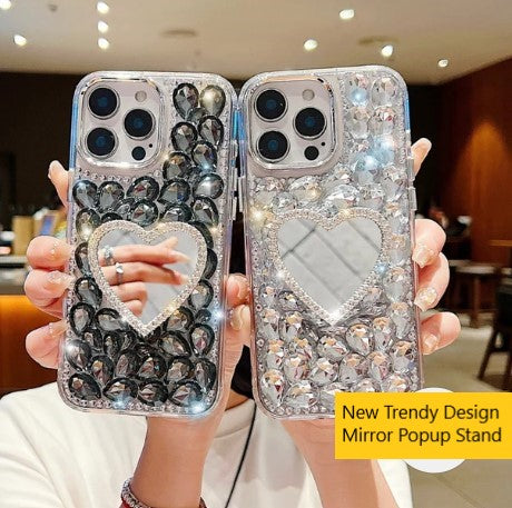 Heart shaped Makeup Mirror Dimond TPU (Soft) Phone Case | Mobile Cover - Samsung S24 Ultra ( Black )
