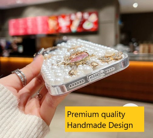 Handmade Decorative Pearl and Diamond Bear Phone Case for iphone 14 pro