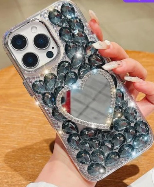 Heart shaped Makeup Mirror Dimond TPU (Soft) Phone Case | Mobile Cover -  iPhone 14  ( Black )