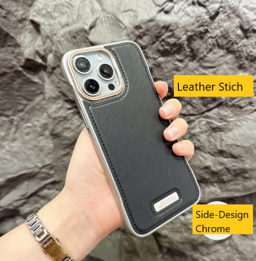 Electroplated Chrome PU Leather Phone Case - iPhone 14 Pro Max ( Grey )
