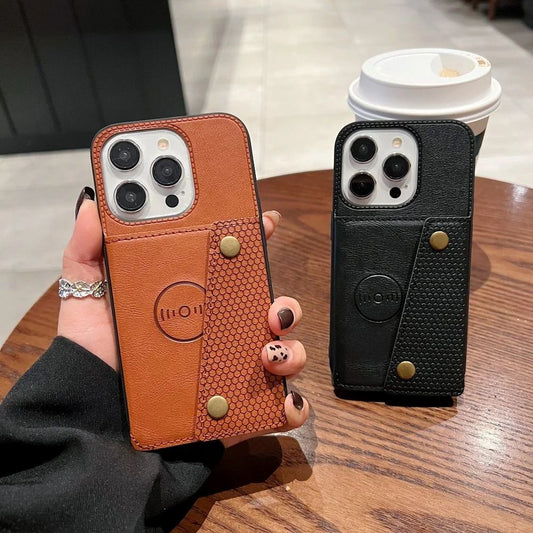 Double Buckle Magnetic Button Closer PU Leather Phone Case - iPhone 14 pro  max  ( brown)