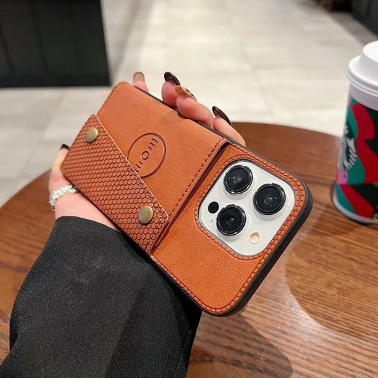 Double Buckle Magnetic Button Closer PU Leather Phone Case - iPhone 14 pro