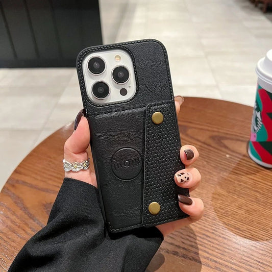 Double Buckle Magnetic Button Closer PU Leather Phone Case - iPhone 15 pro max ( Black)