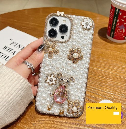 Handmade Decorative Pearl and Diamond Bear Phone Case for iphone 16 plus