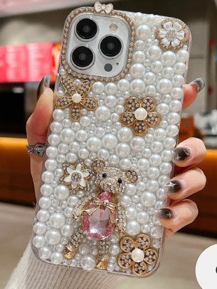 Handmade Decorative Pearl and Diamond Bear Phone Case for iphone 16 plus