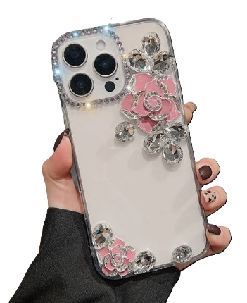 Luxury Camellia Water Diamond Transparent Phone Case -iPhone 16 Pro (pink)