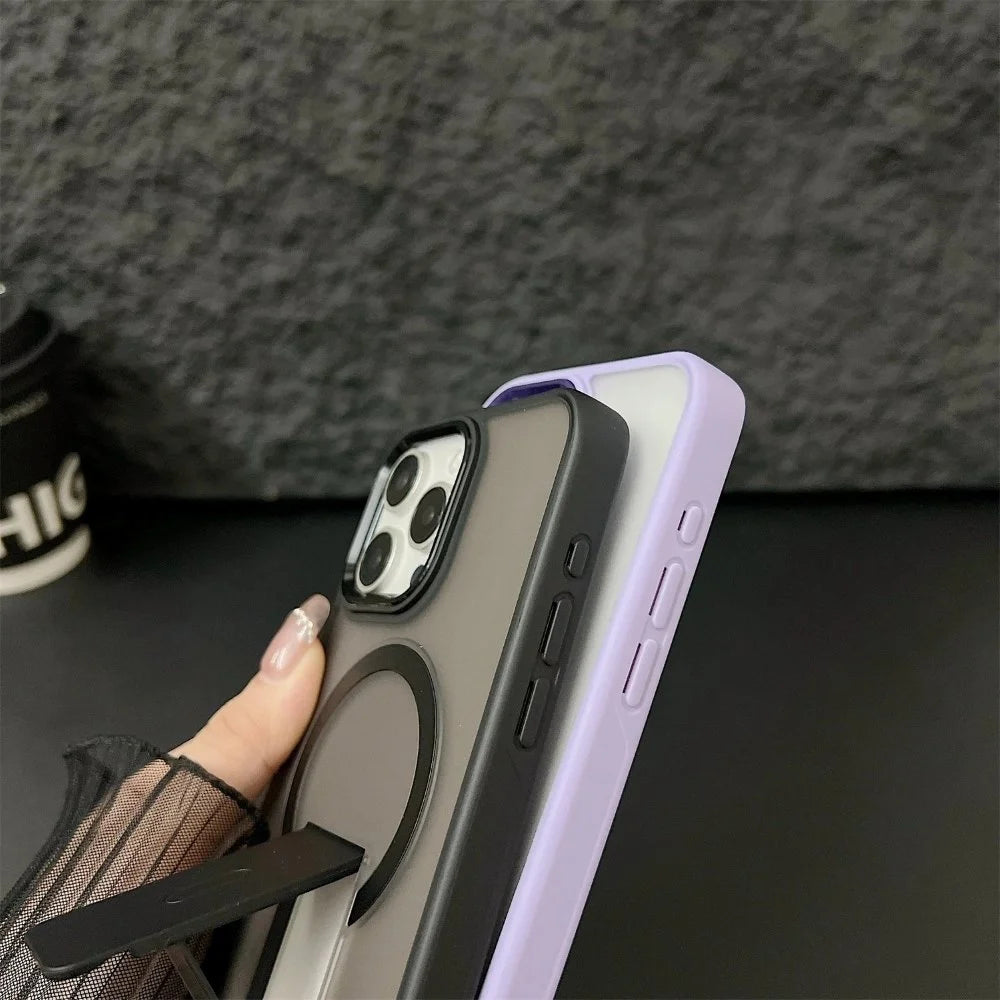 Shockproof Kickstand Magnetic Wireless Charge Phone Case - iPhone 15 Pro Max(Black)