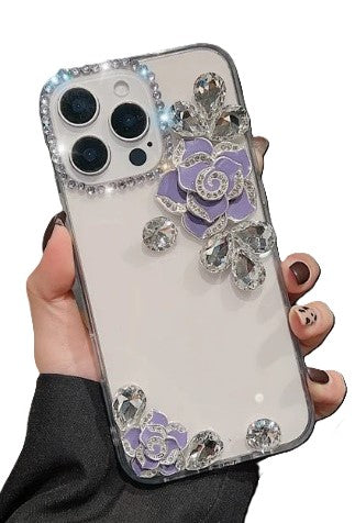 Luxury Camellia Water Diamond Transparent Phone Case -iPhone 16 Pro (violet)