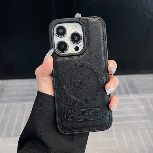 Wireless Charging PU Leather Rugged Kickstand Phone Case - iPhone 14 plus