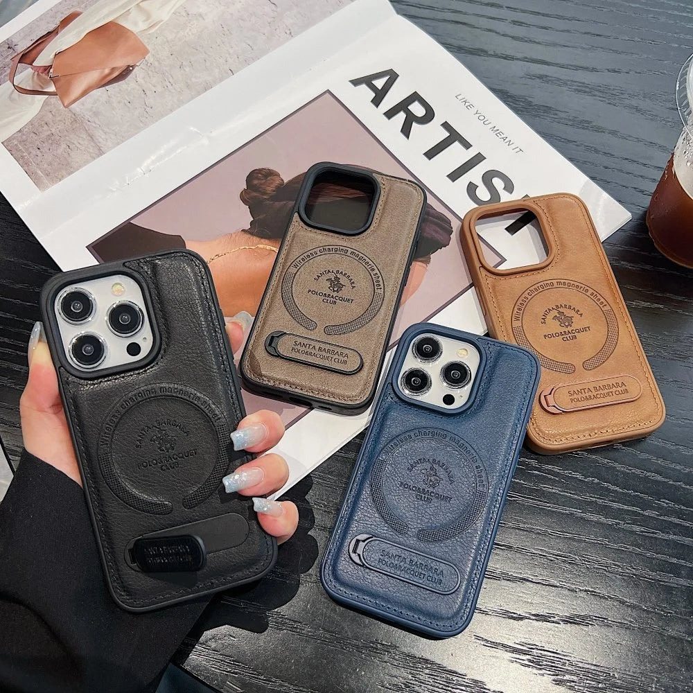 Wireless Charging PU Leather Rugged Kickstand Phone Case - iPhone 14 Pro Max